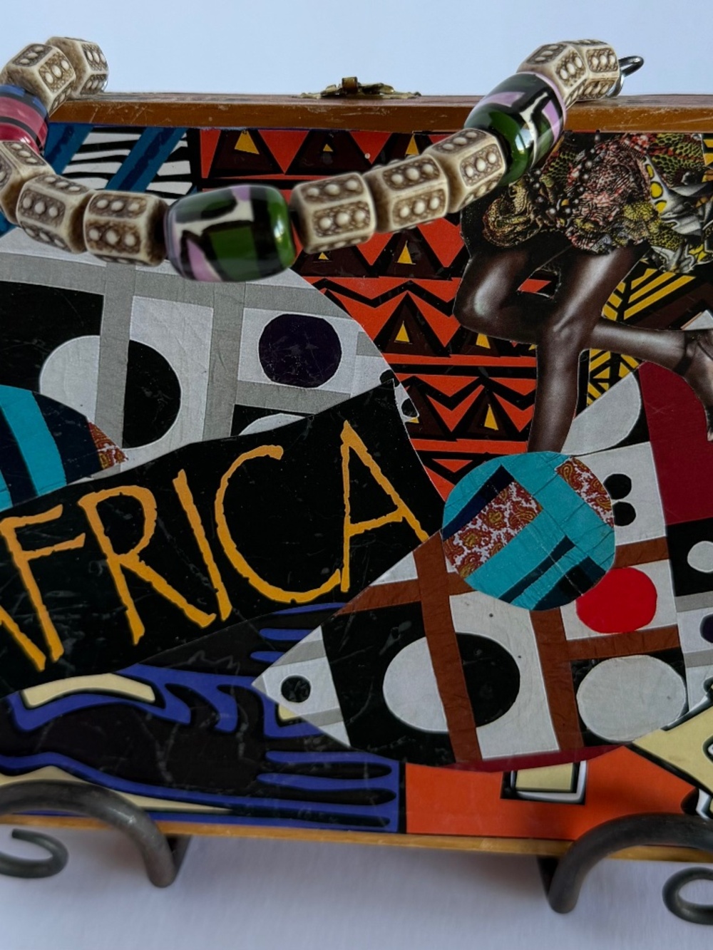 Vintage Cigar Box Handbag with Africa Collage & Beaded Handle